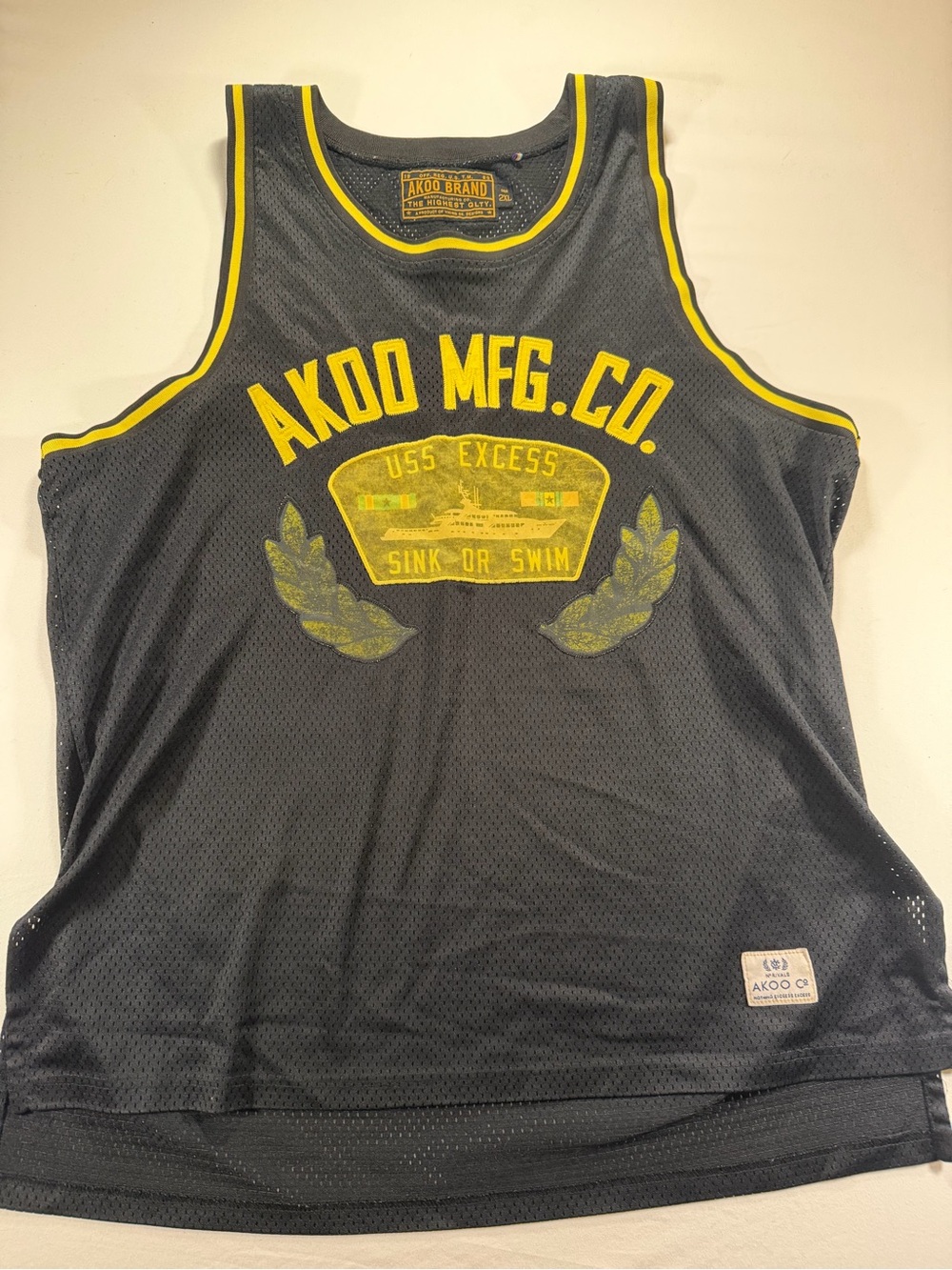 Akoo Black Mesh Tank with Yellow Trim and Graphic